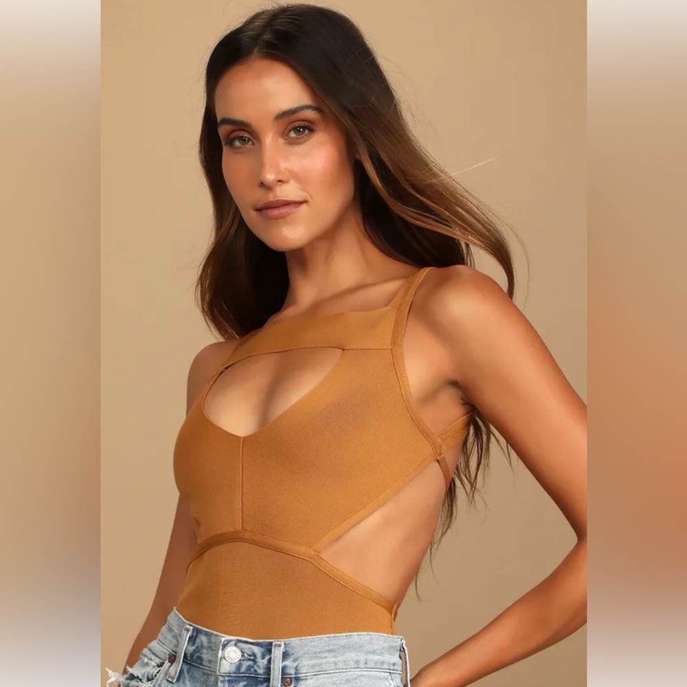 Cut the Rest Camel Brown Cutout Bandage Backless Bodysuit